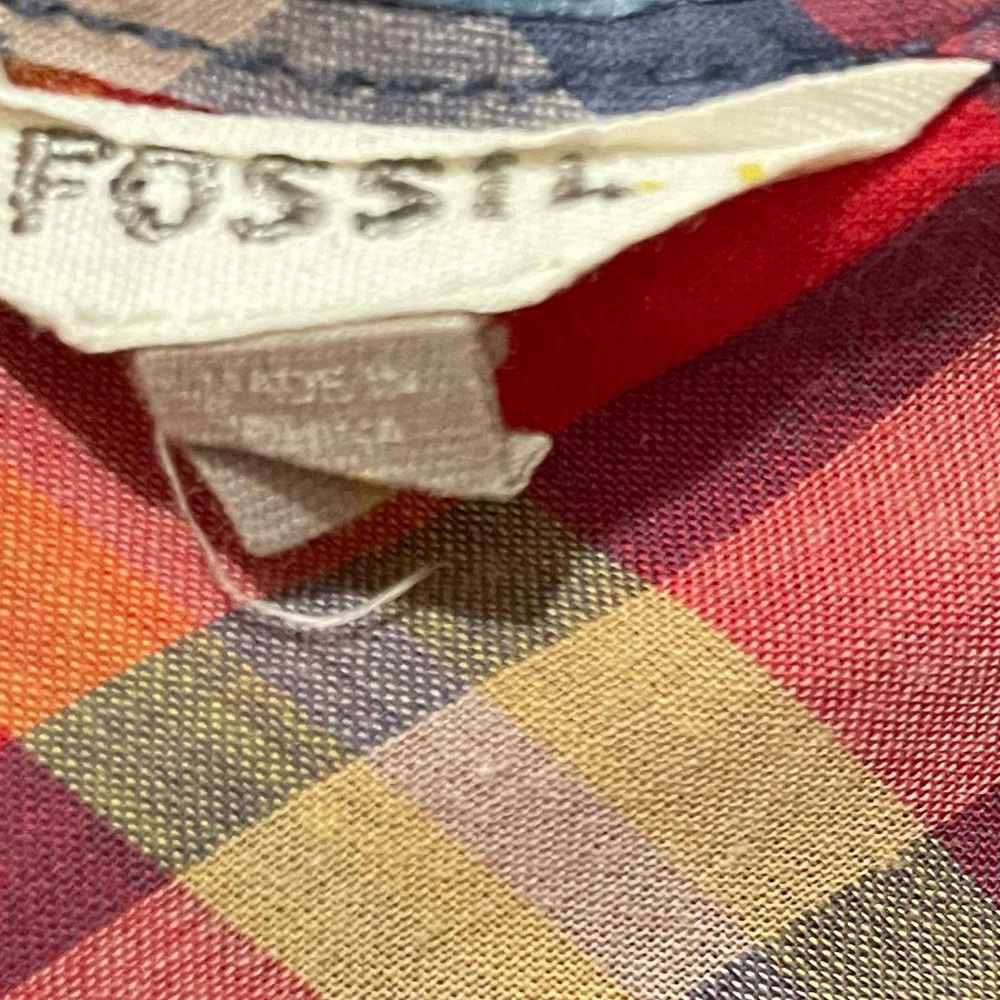 Euc Fossil Ruffle Accent Sheet Plaid Button Down … - image 2